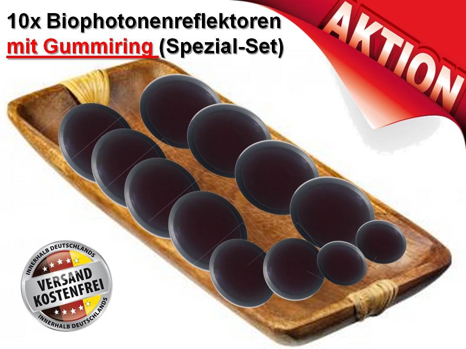 Bild 1 von 10x Biophotonenreflektor /  Photonenspiegel / Cellupdater mit Gummiring 6x 66mm, 2x 56mm u. 2 x44mm  / (Variante) Ohne Ablageschale