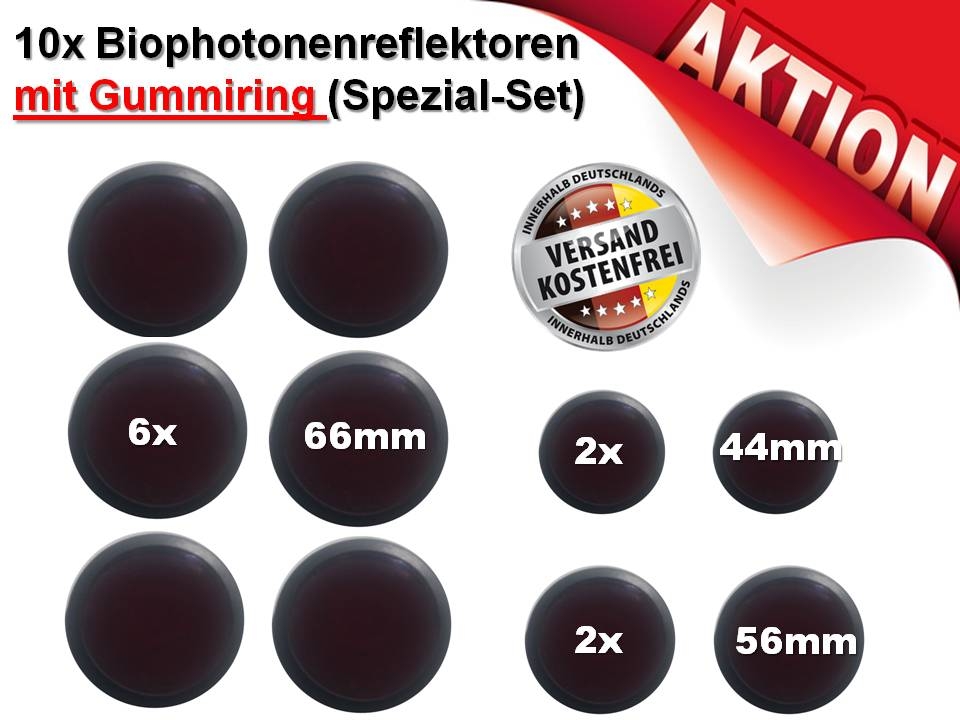 Bild 1 von 10x Biophotonenreflektor /  Photonenspiegel / Cellupdater mit Gummiring 6x 66mm, 2x 56mm u. 2 x44mm  / (Variante) Ohne Ablageschale